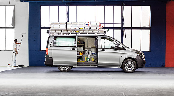 A Mercedes-Benz Cargo Van decked out by expert upfitters.