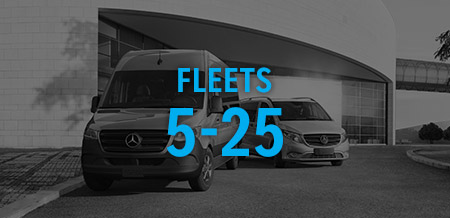 two vans at the Mercedes-Benz Dealership that has the text "Fleets 5-25" over it.