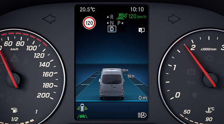 Highlighting the Active Distance Assist DISTRONIC in a Mercedes-Benz Van.