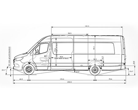 Image d’un dessin technique du fourgon Sprinter utilisé pour les versions aménagées. 